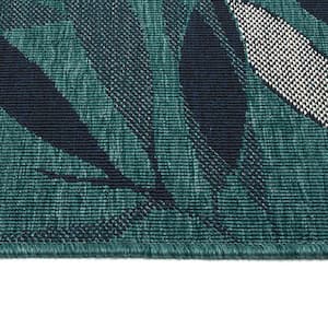 Pianta Collection Teal 5'3" x 5'3" Round Residential Indoor-Outdoor Area Rug