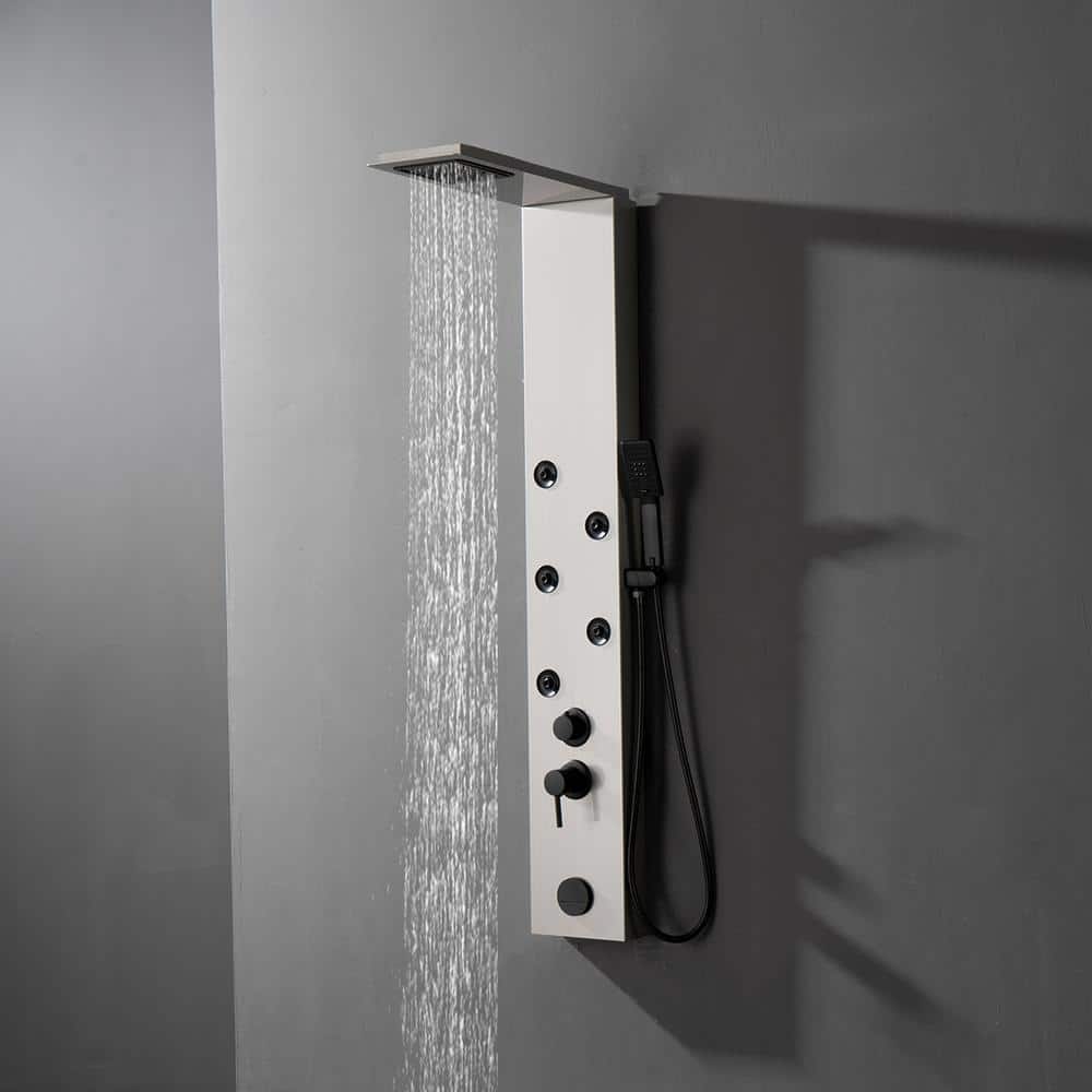 Brushed Nickel 4-Jet Rainfall Shower Panel System with Handheld Wand