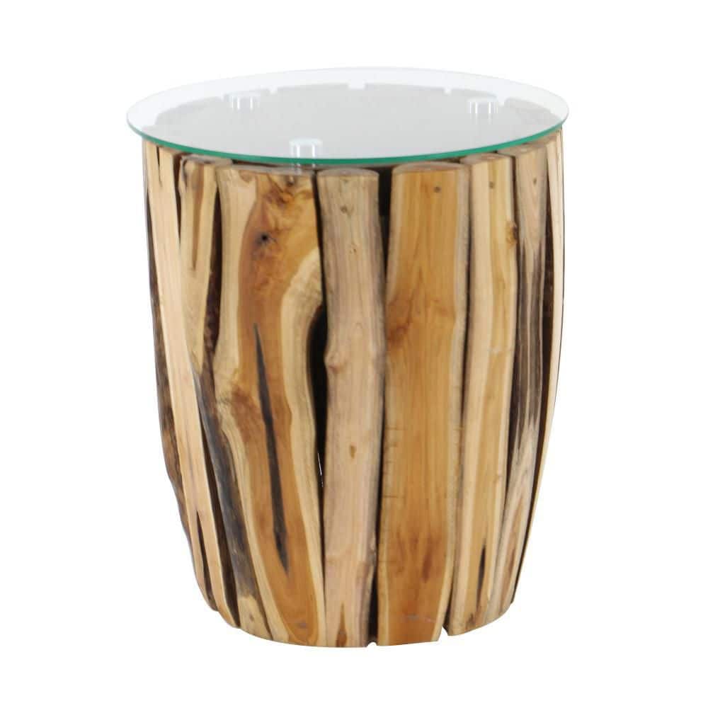 Rustic Brown Teak Wood Round Accent Table with Glass Top