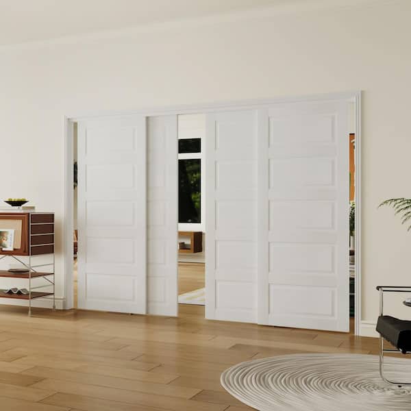 144 in. x 80 in. 5-Panel, MDF Solid Core, White, PVC Covering Double Panel Sliding Door with All Hardware
