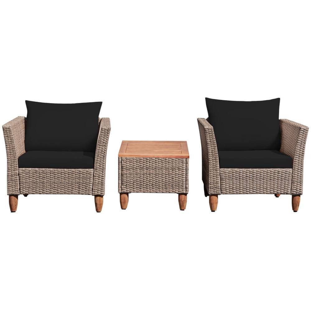 3-Piece Wicker Patio Conversation Set with Black Cushions