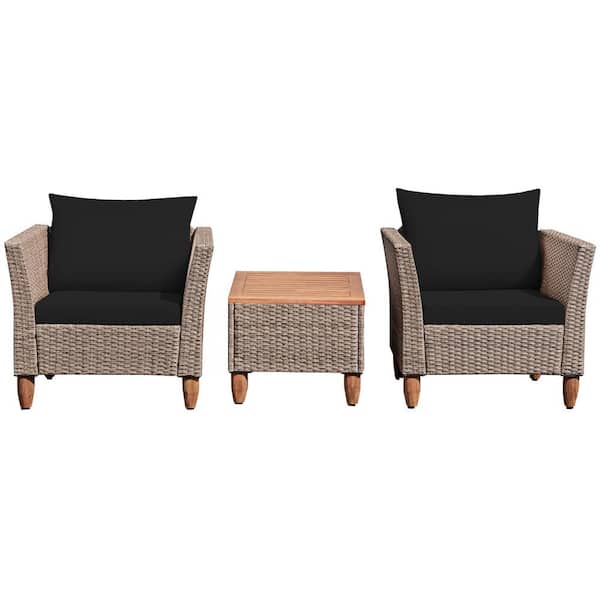 null 3-Piece Wicker Patio Conversation Set with Black Cushions