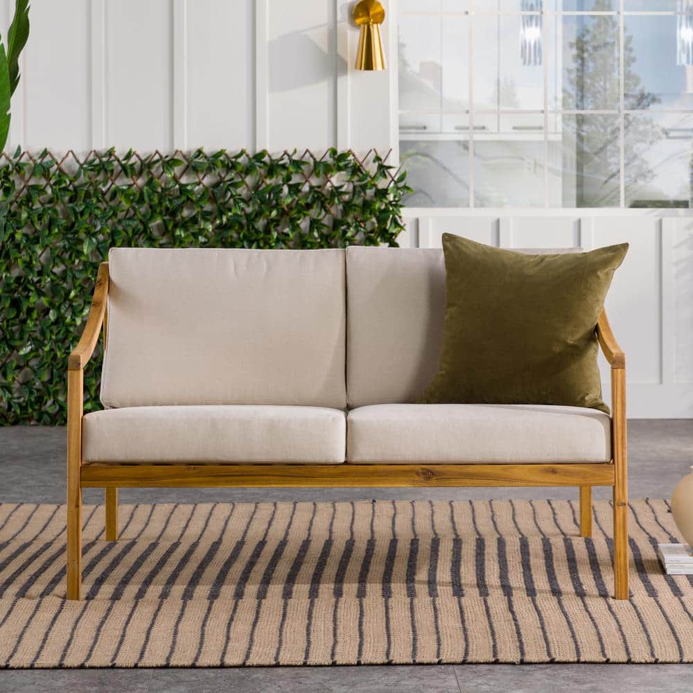 Natural Solid Acacia Wood Curved Arm Outdoor Loveseat with Beige Cushions