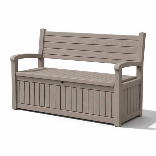 80 Gal. Light Brown Resin Outdoor Storage Bench, Lockable Deck Box with Wood Grain Style, 500 lbs. Capacity