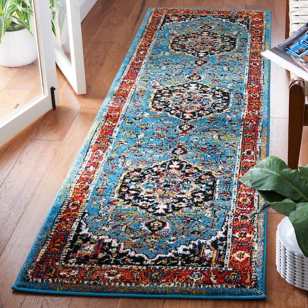 Vintage Hamadan 2 ft. x 8 ft. Blue/Red Ornate Medallion Runner Rug