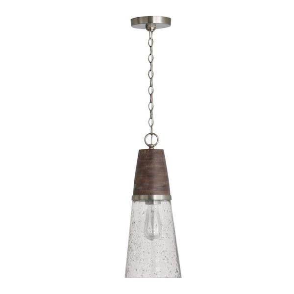 Capital Lighting Fixture Company Connor 100-Watt 1-Light Matte Nickel Cone Pendant Light with Black Wash Wood and Stone Seeded Glass-No Bulbs Included