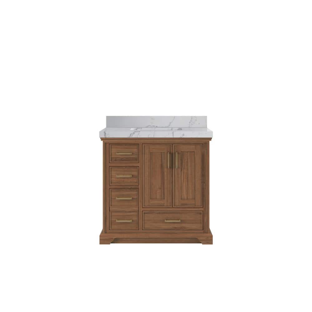 "Charlotte Teak 36 in. W x 22 in. D x 36 in. H Center Sink Bath Vanity in Dark Natural with 2"" Venatino Quartz Top" price history on PriceWatchPro