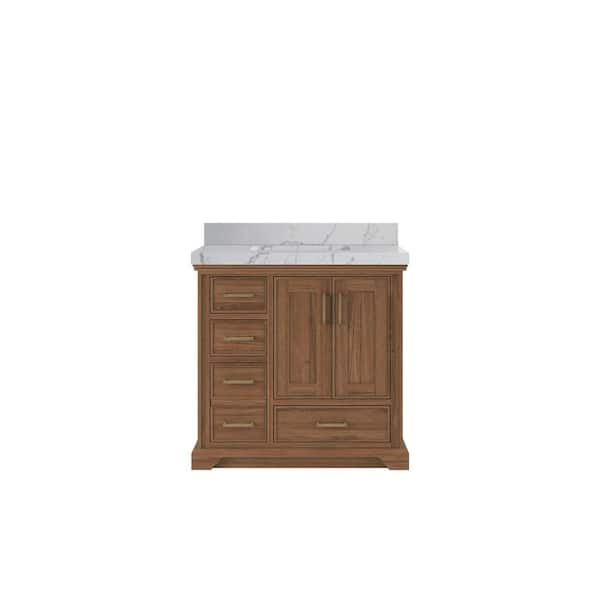 Willow Collections Charlotte Teak 36 in. W x 22 in. D x 36 in. H Center Sink Bath Vanity in Dark Natural with 2" Venatino Quartz Top