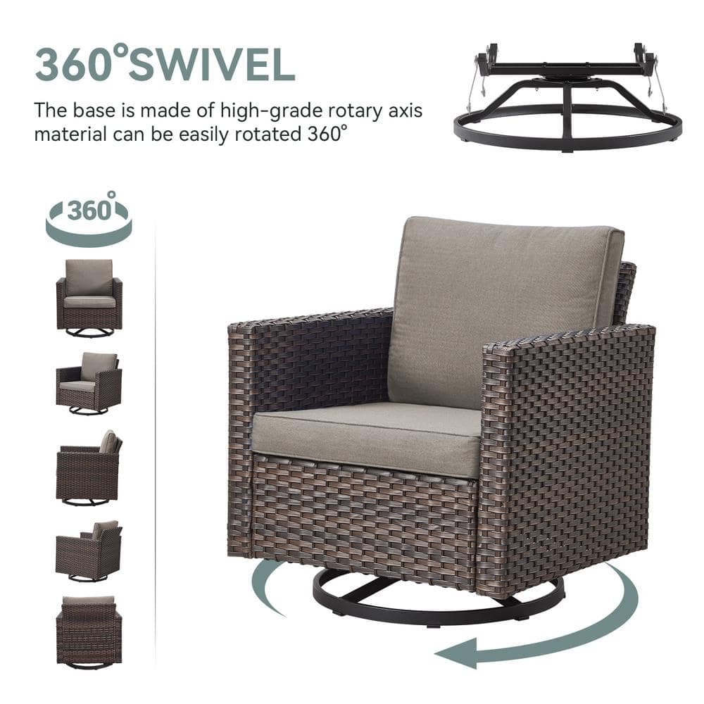 Gray and Brown Wicker Outdoor Swivel Rocking Armchair with Cushions
