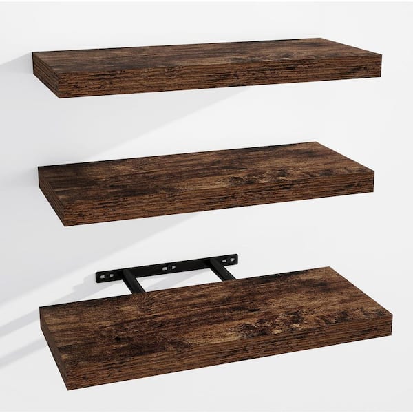 Unbranded 15 in. W x 6 in. D Rustic Brown Wood Floating Shelves for Wall (Set of 3), Wall Mounted Decorative Wall Shelf