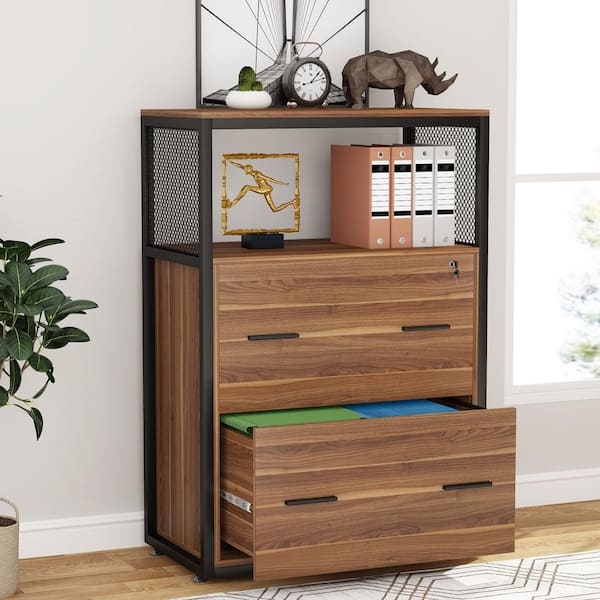 BYBLIGHT Atencio 2-Drawer Brown Engineered Wood 23.6 in. W Lateral File Cabinet with Lock and Open Storage Shelf, Letter/Legal/A4