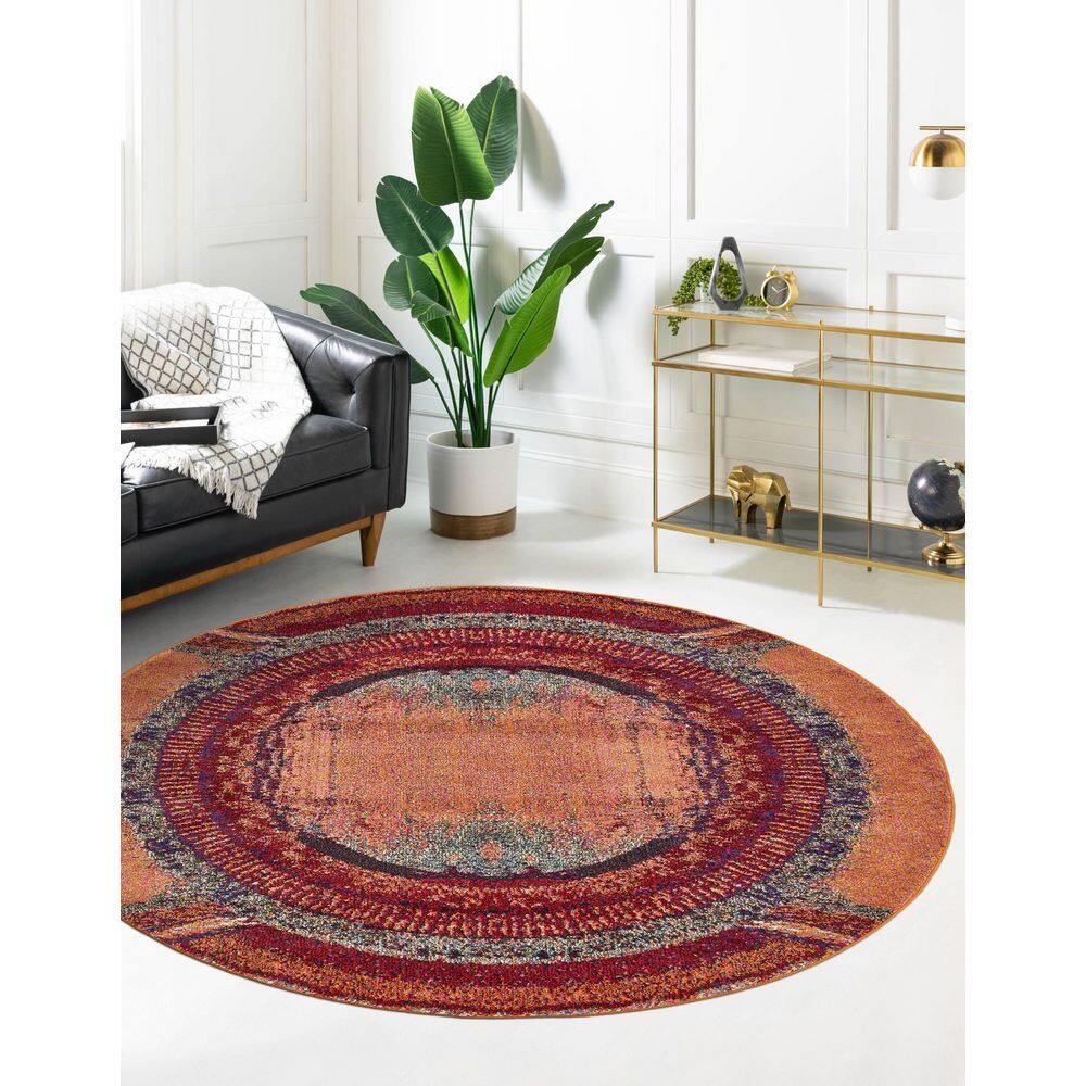 6' Round Orange and Black Abstract Synthetic Rug