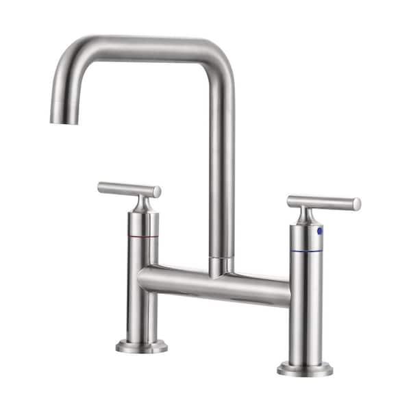 Double Handle Bridge Faucet with Kitchen Sink Hole Cover and 360° Swivel Spout in Brushed Nickel