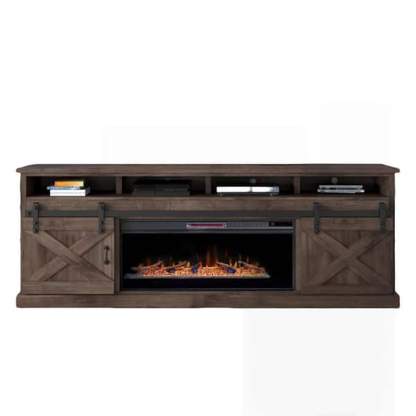 93 in. TV Stand with 42 in. Electric Fireplace Insert, Barnwood Finish, Sliding Barn Doors, Heats up to 400 Sq. Ft.