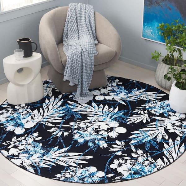Malibu Black/Blue 6 ft. x 6 ft. Machine Washable Abstract Botanical Round Area Rug