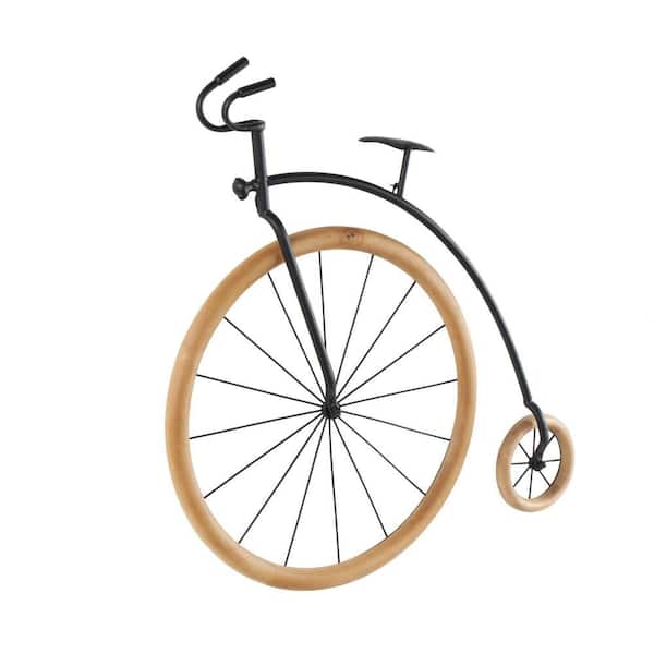39 in. x 38 in. Black Bike Metal Work Wall Decor with Brown Wooden Wheels