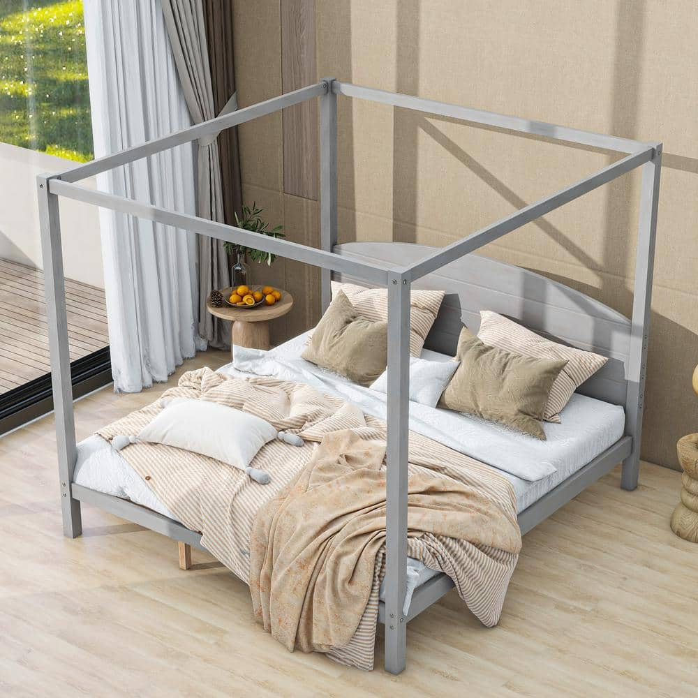 Gray Wood Frame King Size Canopy Bed with Headboard and Slat Support Legs -  Harper & Bright Designs, QHS247AAE-K