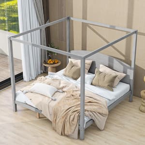 Gray Wood Frame King Size Canopy Bed with Headboard and Slat Support Legs