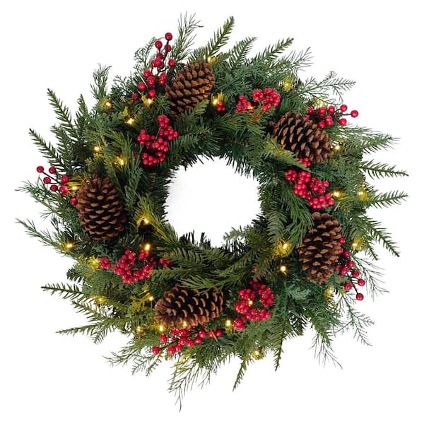 24 in. Pre-Lit Adorned Artificial Christmas Wreath Battery-Operated Warm White LED Lights