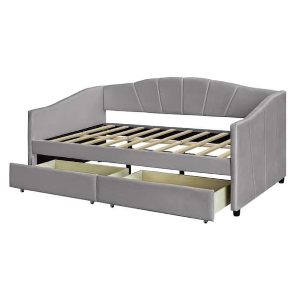 URTR Gray Twin Daybed with 2-Drawers, Velvet Upholstered Twin Size Daybed Sofa Bed for Bedroom Living Room