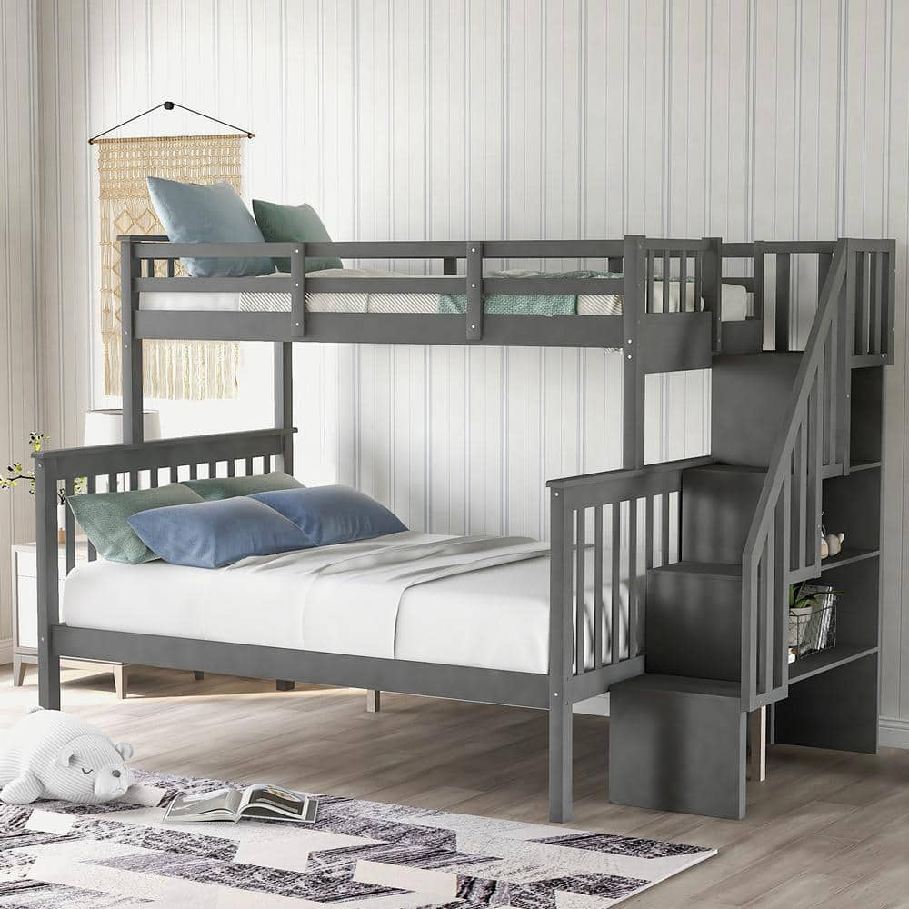 Harper & Bright Designs Gray Twin over Full Wood Bunk Bed with Storage ...