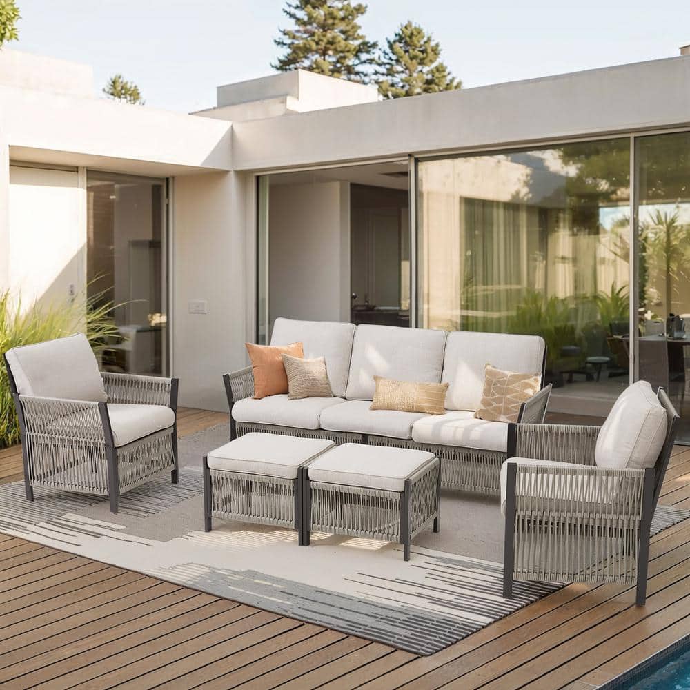 Beige 5-Piece Outdoor Wicker Patio Conversation Set with Cushions