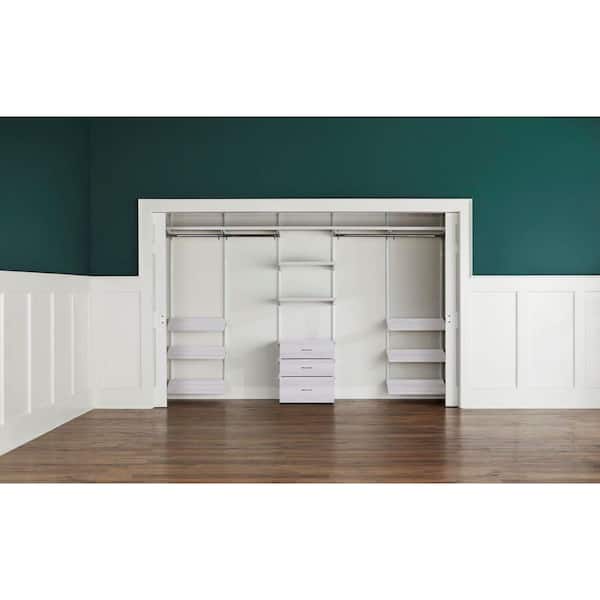 Everbilt Genevieve 10 ft.White Adjustable Closet Organizer 2 Long, 2 Short Hanging Rods, 3 Shelves, 2 Triple Shoe Racks, 3 Drawer