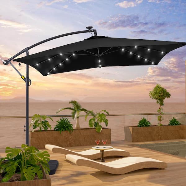 Sonkuki 8.2 ft. x 8.2 ft. Patio Offset Cantilever Umbrella With LED Lights, Rectangular Canopy, Steel Pole and Ribs in Black