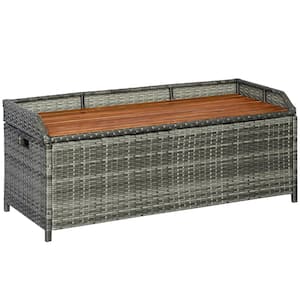 80 Gal. Mixed Grey Outdoor Storage Bench Wicker Deck Boxes with Wooden Seat, Gas Spring, Rattan Container Bin with Lip