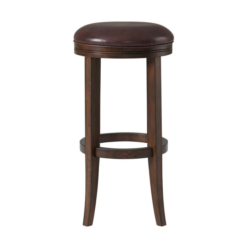 Distressed Walnut Backless Bar Height Stool with Leather Seat, Set of 2