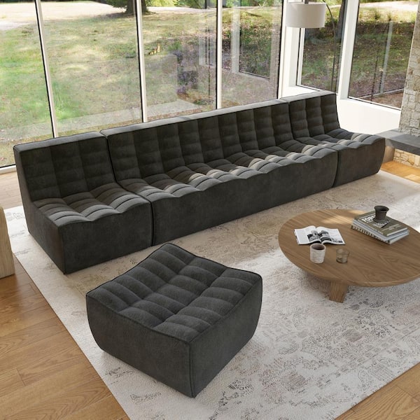 Magic Home 82.6 in. Armless Black Linen Fabric Lazy Floor Sectional Curved Relax Sofa Set Couch for Apartment(2 Seater + 3 Seater)