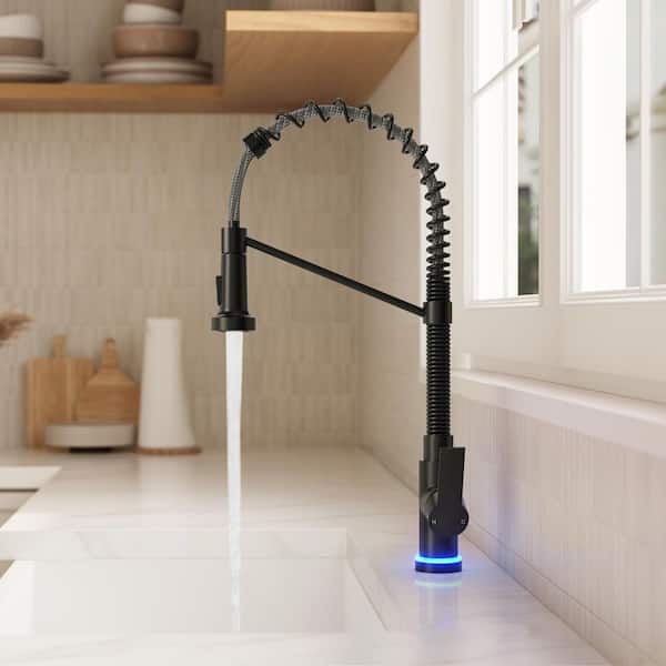 21.26 in. Single-Handle Pull-Down 2-Sprayer Kitchen Faucet LED Base 360° Spout Swivel Commercial in Matte Black