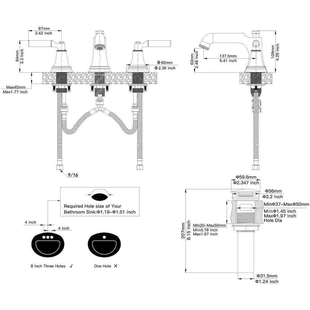 Matte Black Widespread 2-Handle Bathroom Faucet with Drain Assembly