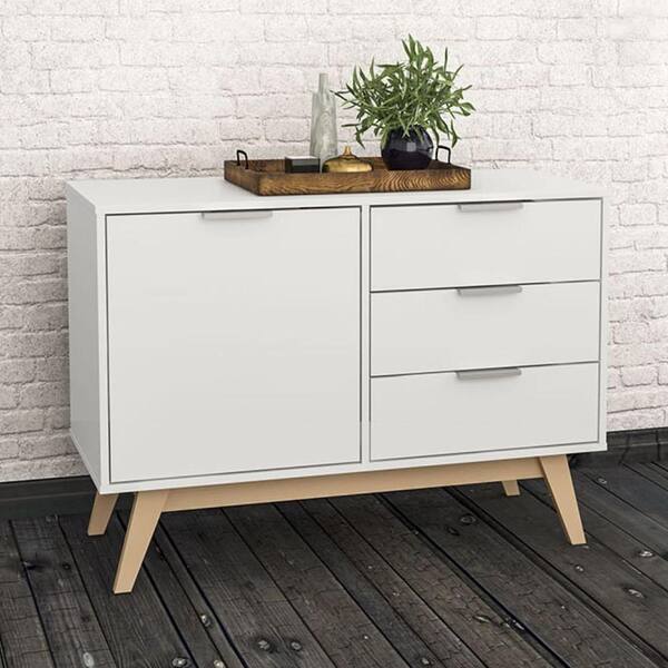 Polifurniture Seville White and Oak Wood 40 in. Sideboard with 3-Drawers