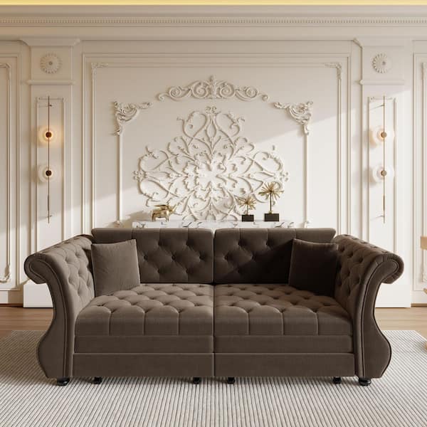 83.8 in. Brown Oversized Chesterfield Velvet Sofa Bed, Pull Out Sleeper Couch with Roll Arms and Tufting