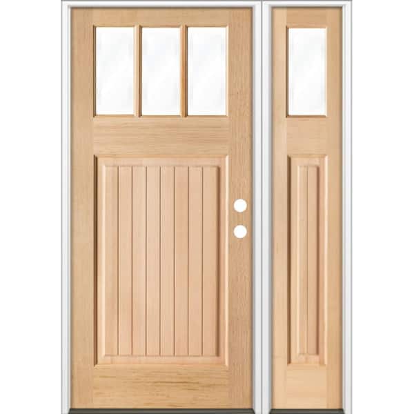 50 in. x 80 in. Craftsman 3-Lite Clear Glass VG Unfinished Left Hand Hemlock Wood Prehung Front Door w/RSL