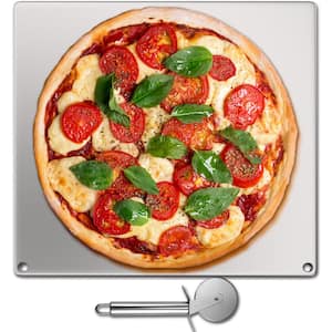 Steel Pizza Plate 14 in. x 14 in. x 0.4 in. High-Performance Square Pizza Pan with Wheel Cutter for Grill, Silver