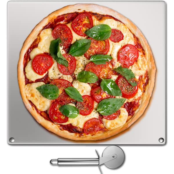 VEVOR Steel Pizza Plate 14 in. x 14 in. x 0.4 in. High-Performance Square Pizza Pan with Wheel Cutter for Grill, Silver