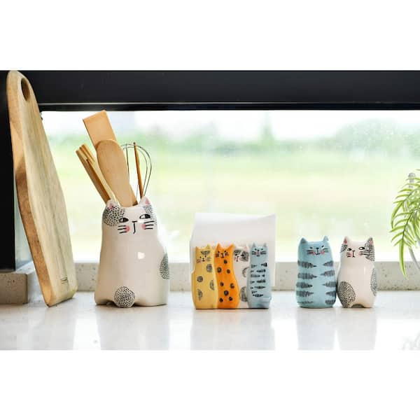 Cartoon Cat Utensil Holder, Hand‑Painted Stoneware Kitchen Utensil Crock, Dishwasher Safe Countertop Storage Organizer