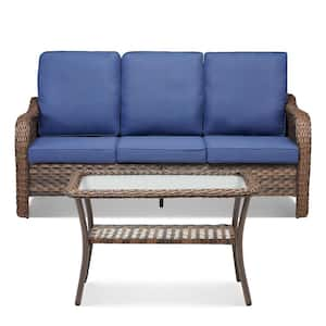 Nyajiah Brown 2-Piece Wicker Outdoor Patio Sofa Couch with Blue Cushions, Coffee Table