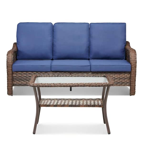 Buenaola Nyajiah Brown 2-Piece Wicker Outdoor Patio Sofa Couch with Blue Cushions, Coffee Table