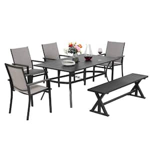 6-Piece Metal Outdoor Dining Set with Bench, includes 4 Textilene Chairs, 1 Park Bench and 1 Rectangle Dining Table