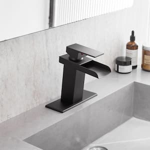 Modern Waterfall Single Handle Single Hole Bathroom Faucet Deck Plate Included and Water Supply Hoses in Matte Black