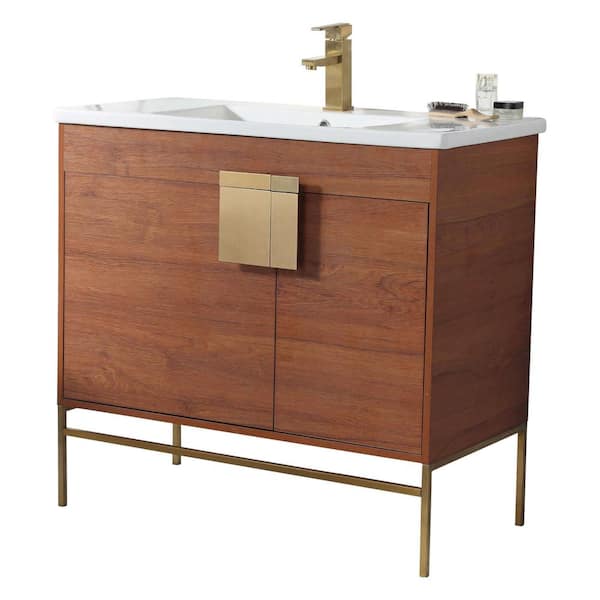 FINE FIXTURES Shawbridge 36 in. W x 18.11 in. D x 33.5 in. H Bath Vanity in Spicy Walnut with White Ceramic Vanity Top