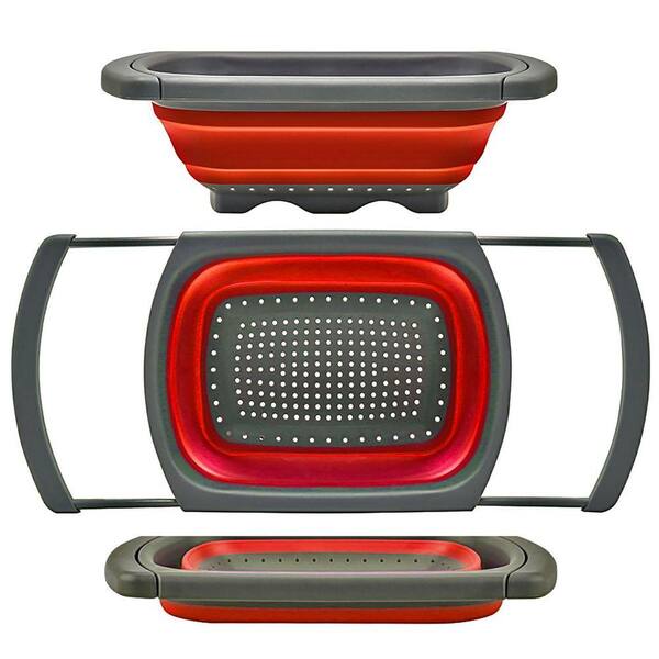 Red Collapsible Silicone Colander with Extendable Handles, Over the Sink Strainer Basket