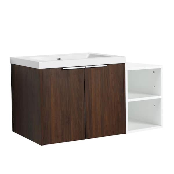 FUNKOL 35.6 in.x 18.1 in. x 19.3 in. California Walnut Wall Mounted Plywood Bathroom Vanity with Sink and 1-Small Storage Shelf