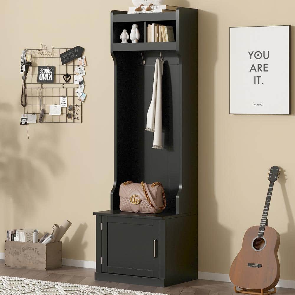 Slim Hall Tree with Cabinet and 6 Hanging Hooks, Storage Bench with Coat Ra