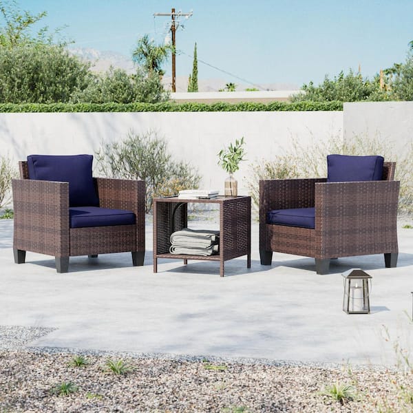 3-Piece Brown Wicker Patio Bistro Set Outdoor Single Sofa Set with Side Table for Outdoor Lawn, Navy Blue Cushions