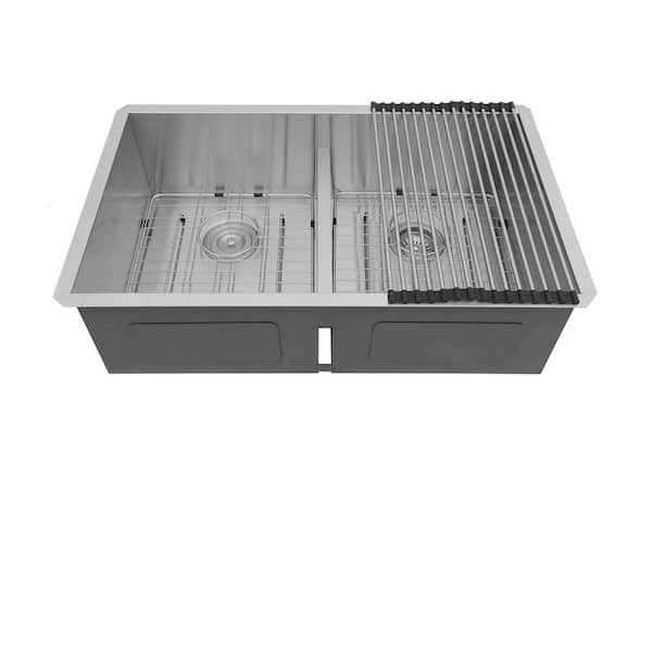 30 in. Drop-In Double Bowl 16 Gauge Brushed Nickel Stainless Steel Kitchen Sink with Dish Grids, Drying Rack