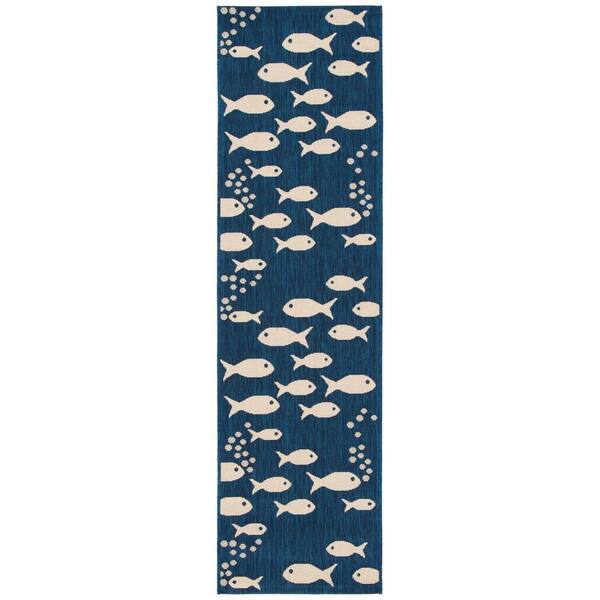 SAFAVIEH Courtyard Navy/Beige 2 ft. x 12 ft. Novelty Fish Indoor/Outdoor Patio  Runner Rug